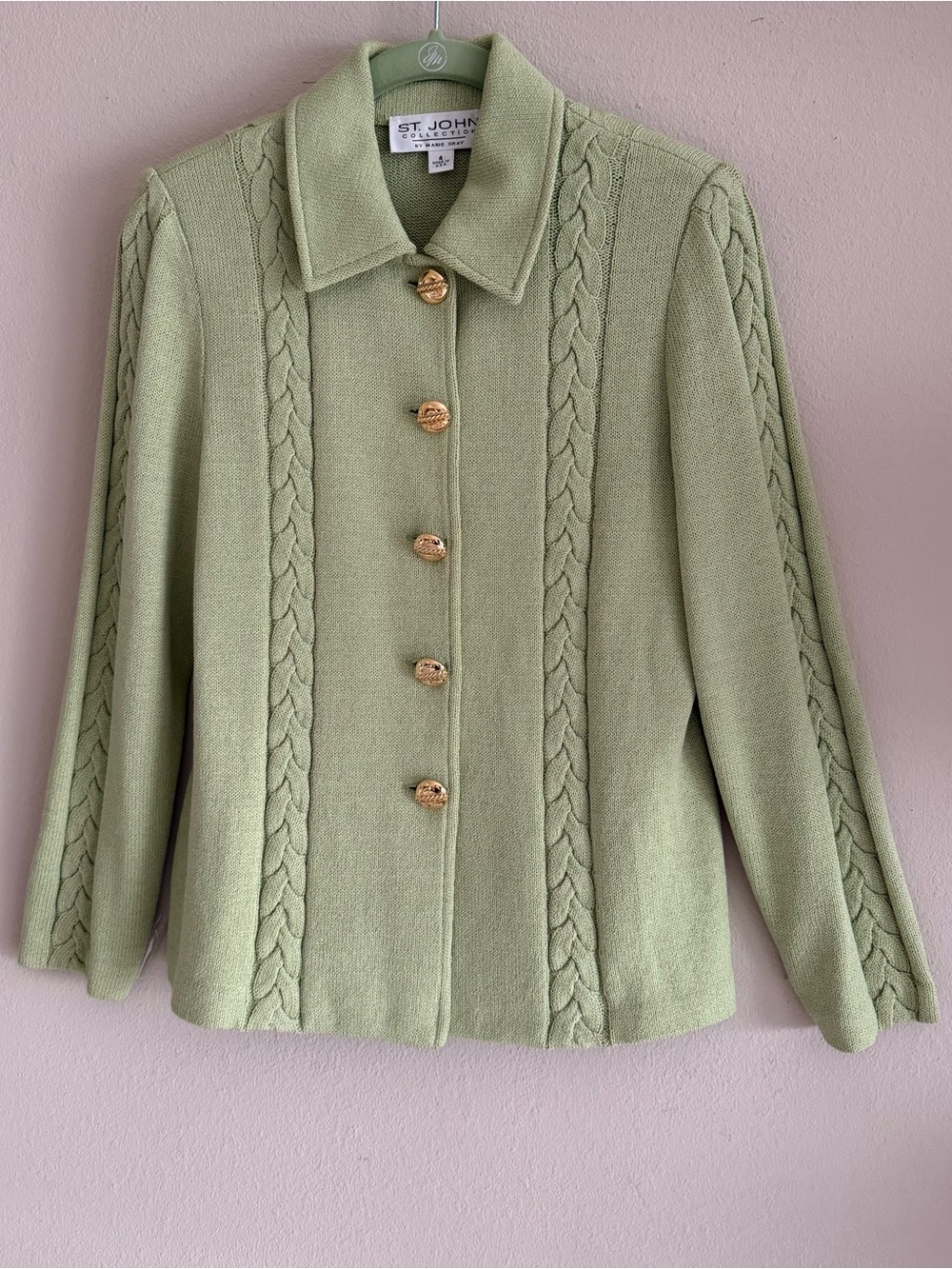 St. John Collection Light Green Santana Knit Blazer Size 4 Gold Buttons Logo